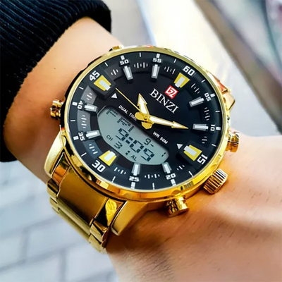 Luxus Herren-Armbanduhr 2025 – Goldene Edelstahluhr mit Dual Display | Relogio Masculino