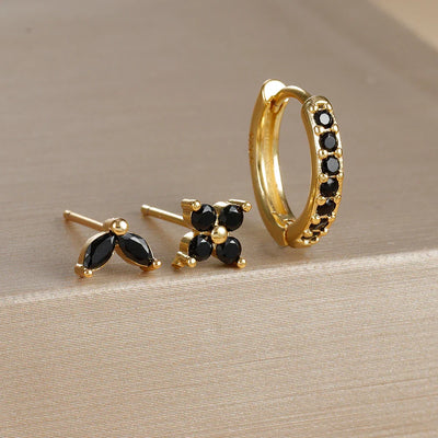 3PCS Stainless Steel Gold Color Circle Hoop Earrings Set Simple Zircon Flower Stud Earring Cartilage Piercing Jewelry
