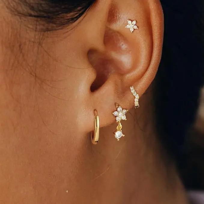 3Pcs Double Crystal Tragus Earring Floral Set Cartilage Helix Stud Earrings Bulk Lobe Hoop Earing Lot Fashion Jewelry Gift