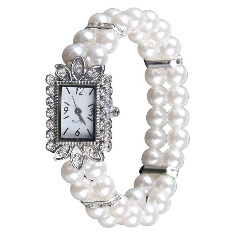 Bulusii Damen Vintage Armbanduhr mit Perlen & Strass, Digital, Elastisch und Verstellbar, Stilvolles Geschenk für Frauen