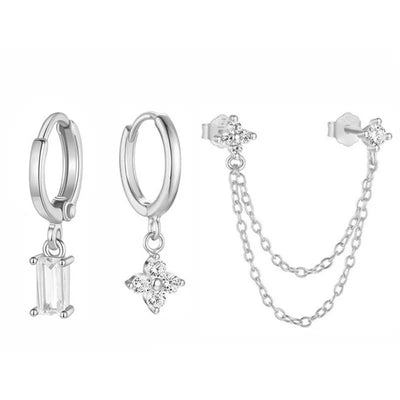 3PCS Fashion Four Zircon Flower Hoop Earring Set Stainless Steel Double Stud Chain Tassel Huggie Piercing Jewelry