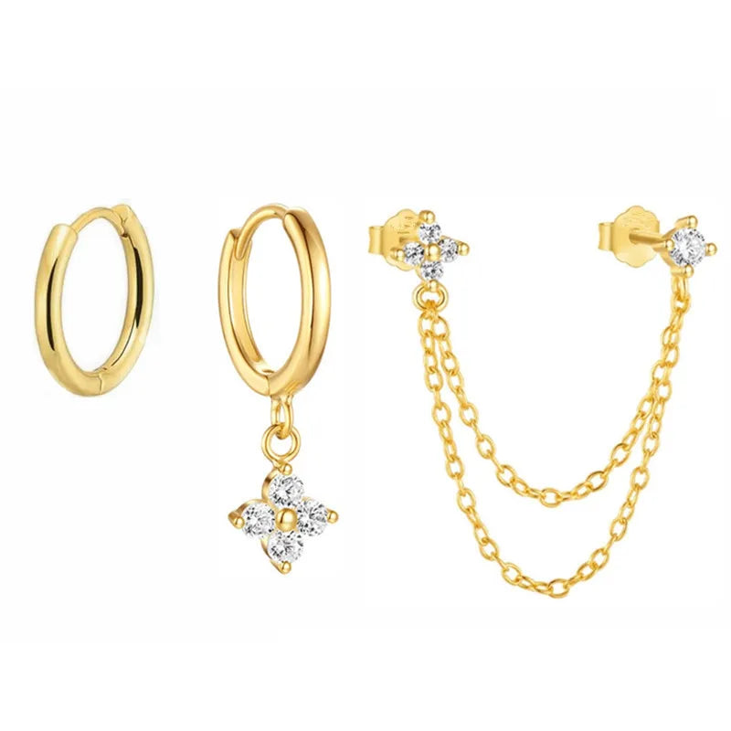 3PCS Fashion Four Zircon Flower Hoop Earring Set Stainless Steel Double Stud Chain Tassel Huggie Piercing Jewelry