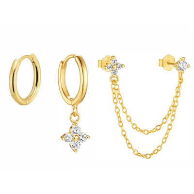 3PCS Fashion Four Zircon Flower Hoop Earring Set Stainless Steel Double Stud Chain Tassel Huggie Piercing Jewelry