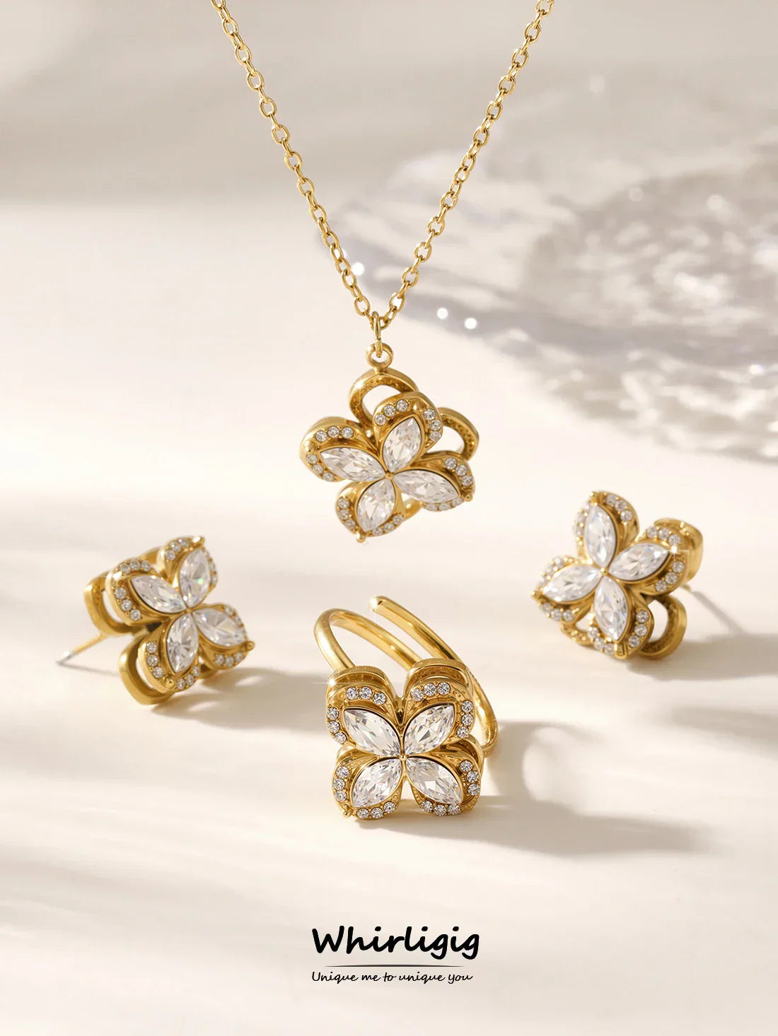 Gorgeous Zircon Necklace Earrings Ring Revolving Flower Pendant Gold Plated Chain Stainless Steel Charm Jewelry Gift