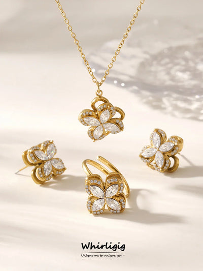 Gorgeous Zircon Necklace Earrings Ring Revolving Flower Pendant Gold Plated Chain Stainless Steel Charm Jewelry Gift