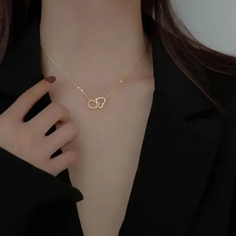 Simple Double Heart Pendant Necklace Couple Stainless Steel Choker Gold Color Chain Wedding Party Friends Jewelry Gift – Halskette