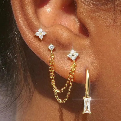 3PCS Fashion Four Zircon Flower Hoop Earring Set Stainless Steel Double Stud Chain Tassel Huggie Piercing Jewelry