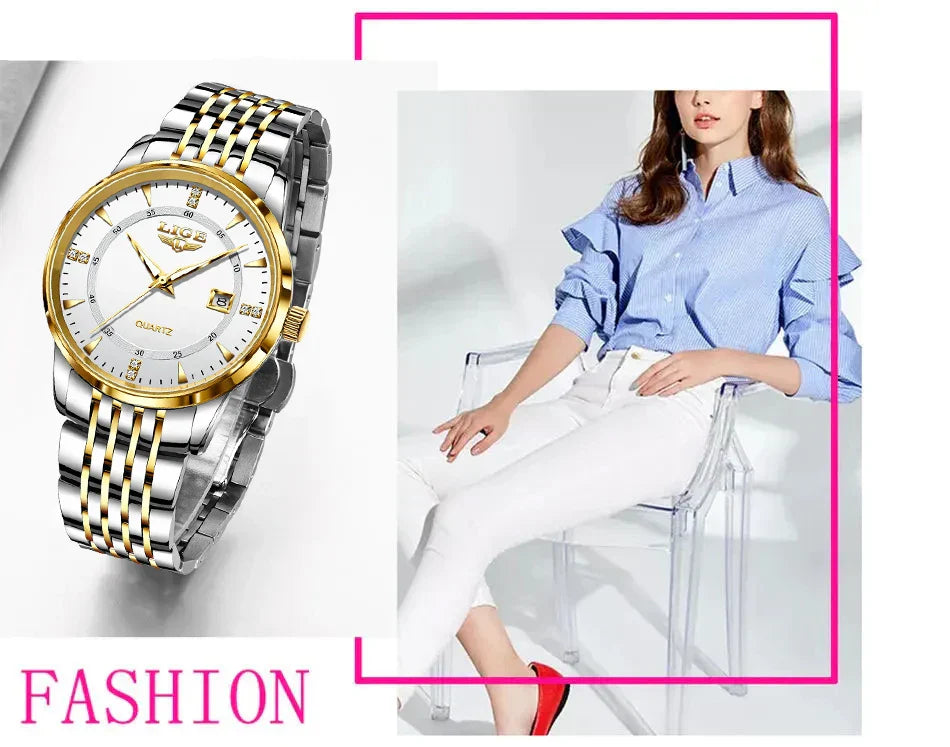 LIGE Damen Quarzuhr – Goldene Edelstahl Armbanduhr mit Luminous Zeigern, Stopuhr, Wasserfest, Auto-Datum – Luxus Armbanduhr für Damen