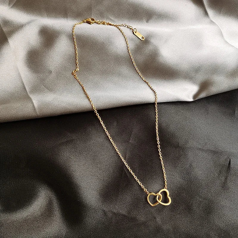 Simple Double Heart Pendant Necklace Couple Stainless Steel Choker Gold Color Chain Wedding Party Friends Jewelry Gift – Halskette