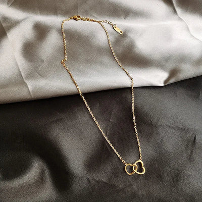 Simple Double Heart Pendant Necklace Couple Stainless Steel Choker Gold Color Chain Wedding Party Friends Jewelry Gift – Halskette