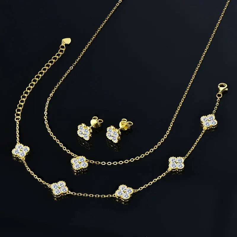 IOGOU 3 In 1 Clover Flower Jewelry Sets Silver 3mm D Moissanite Pendant Necklace Bracelet Stud Earrings Sets Charm