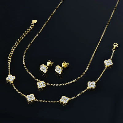 IOGOU 3 In 1 Clover Flower Jewelry Sets Silver 3mm D Moissanite Pendant Necklace Bracelet Stud Earrings Sets Charm