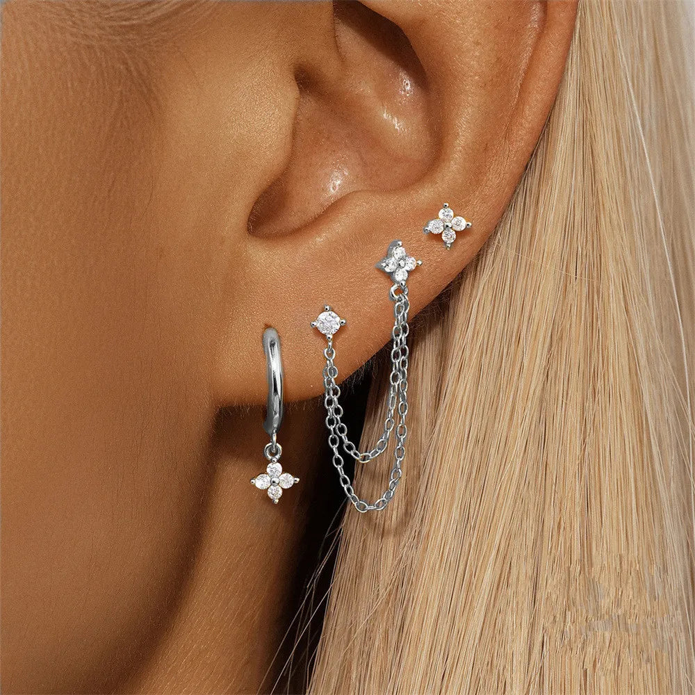 3PCS Fashion Four Zircon Flower Hoop Earring Set Stainless Steel Double Stud Chain Tassel Huggie Piercing Jewelry