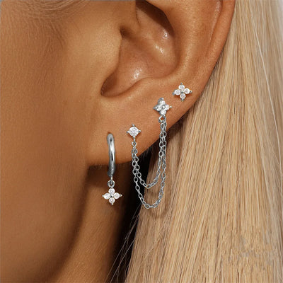 3PCS Fashion Four Zircon Flower Hoop Earring Set Stainless Steel Double Stud Chain Tassel Huggie Piercing Jewelry