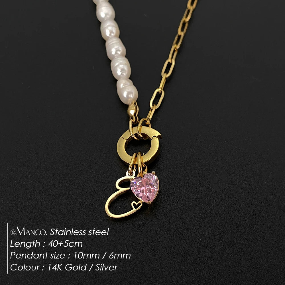 eManco Natural Freshwater Pearl Heart Stainless Steel Cubic Zirconia Pendant Necklace Aesthetic Luxury Chain Jewelry Gift – Halskette