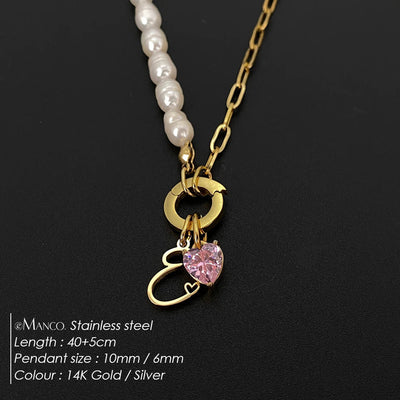 eManco Natural Freshwater Pearl Heart Stainless Steel Cubic Zirconia Pendant Necklace Aesthetic Luxury Chain Jewelry Gift – Halskette