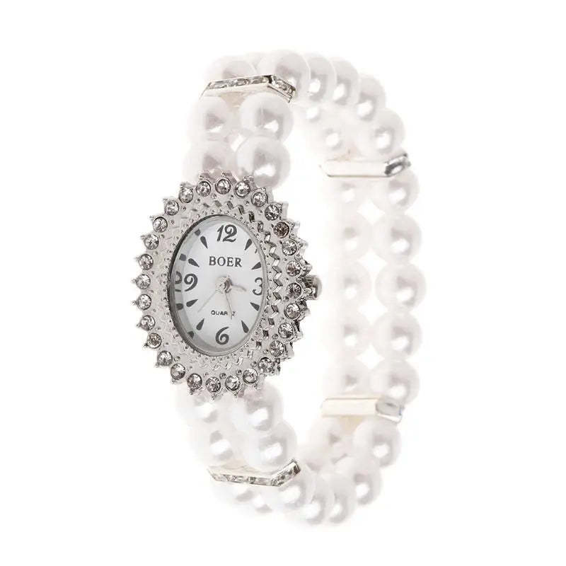 Bulusii Damen Vintage Armbanduhr mit Perlen & Strass, Digital, Elastisch und Verstellbar, Stilvolles Geschenk für Frauen
