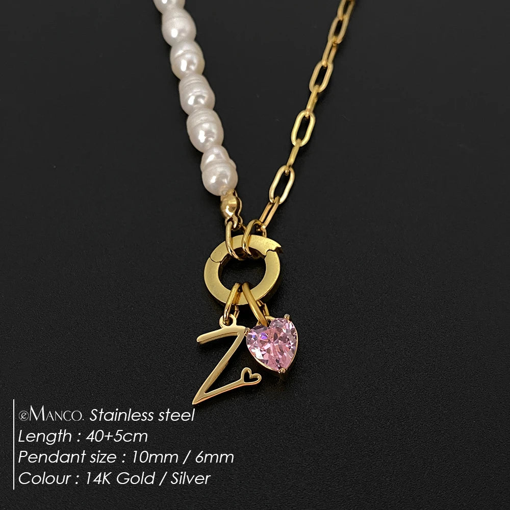 eManco Natural Freshwater Pearl Heart Stainless Steel Cubic Zirconia Pendant Necklace Aesthetic Luxury Chain Jewelry Gift – Halskette