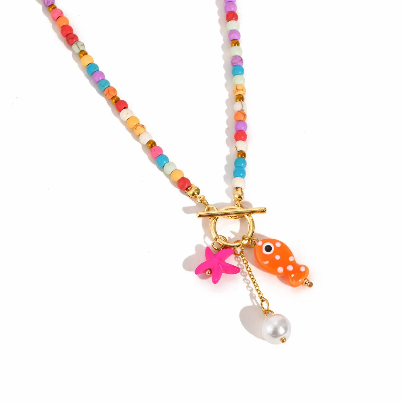 Boho Halskette mit bunten Perlen & Meeres-Charme – Fisch & Seestern Anhänger