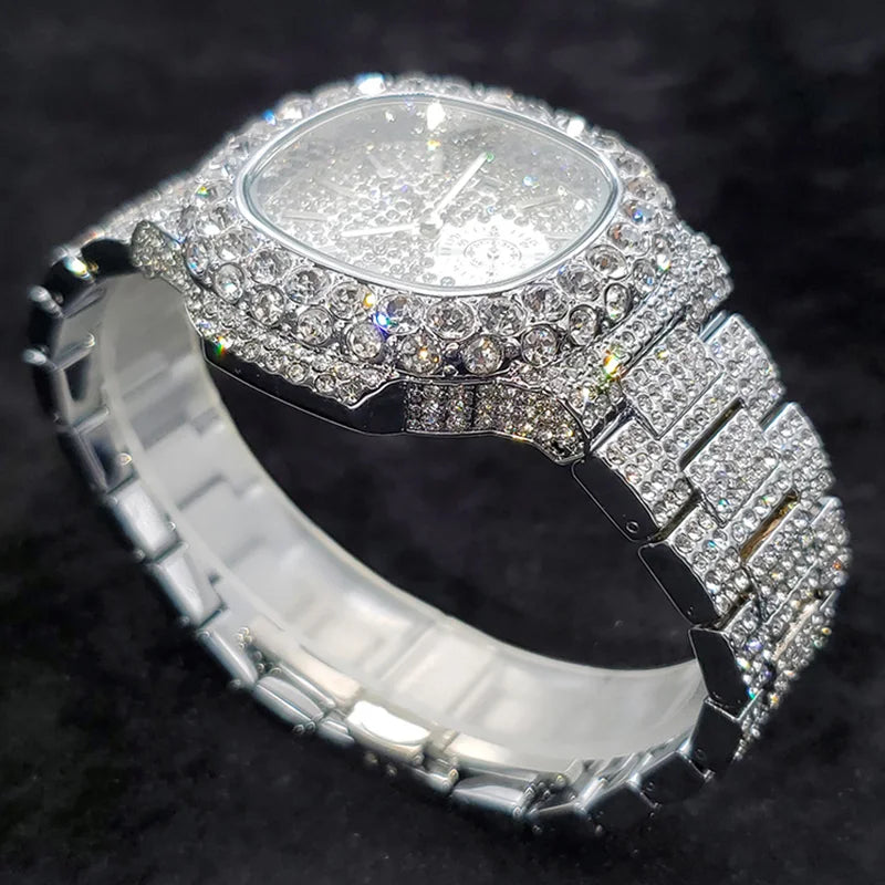 Luxus "Iced Out" Quarz-Armbanduhr für Herren – Edelstahl, Stoßfest, Wasserdicht