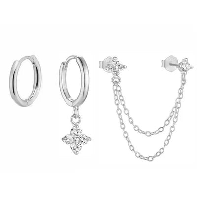 3PCS Fashion Four Zircon Flower Hoop Earring Set Stainless Steel Double Stud Chain Tassel Huggie Piercing Jewelry