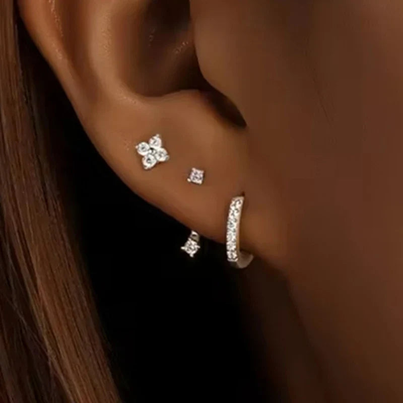 3Pcs Double Crystal Tragus Earring Floral Set Cartilage Helix Stud Earrings Bulk Lobe Hoop Earing Lot Fashion Jewelry Gift