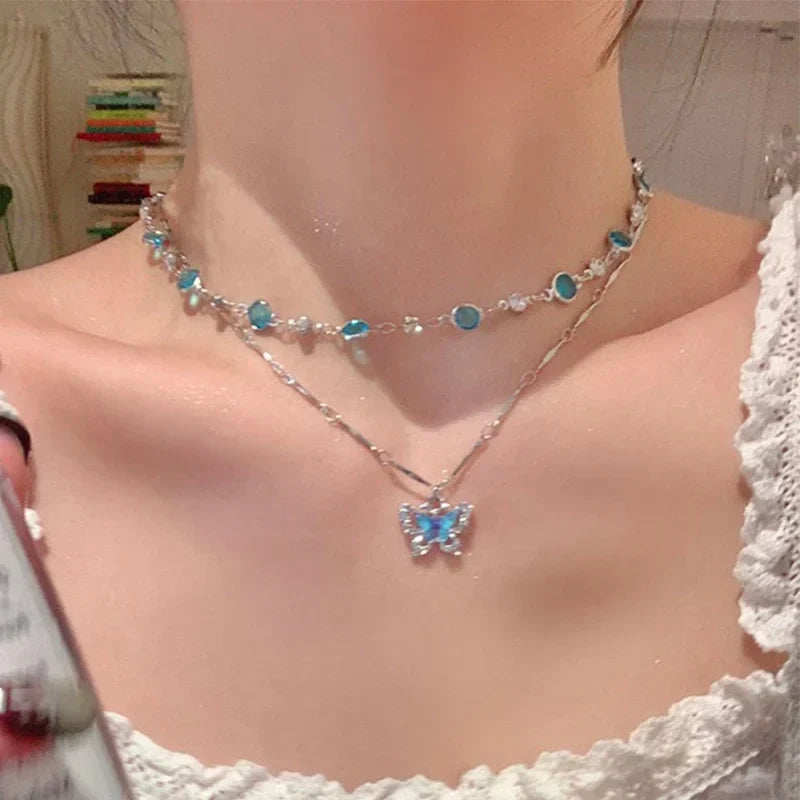 LATS Romantic Blue Crystal Butterfly Necklace Girls Simple Shiny Zircon Bilayer Choker Clavicle Chain Fine Jewelry – Halskette