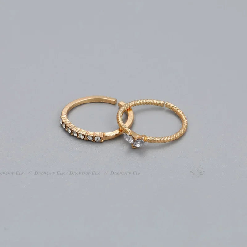 2pcs/set Gold Color Heart Zircon Rings Set Girls Adjustable Minimalism Luxury Twist Ring Fashion Jewelry Wedding Gifts