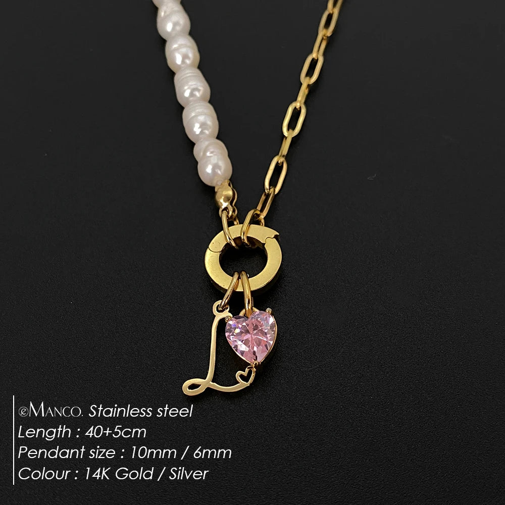 eManco Natural Freshwater Pearl Heart Stainless Steel Cubic Zirconia Pendant Necklace Aesthetic Luxury Chain Jewelry Gift – Halskette