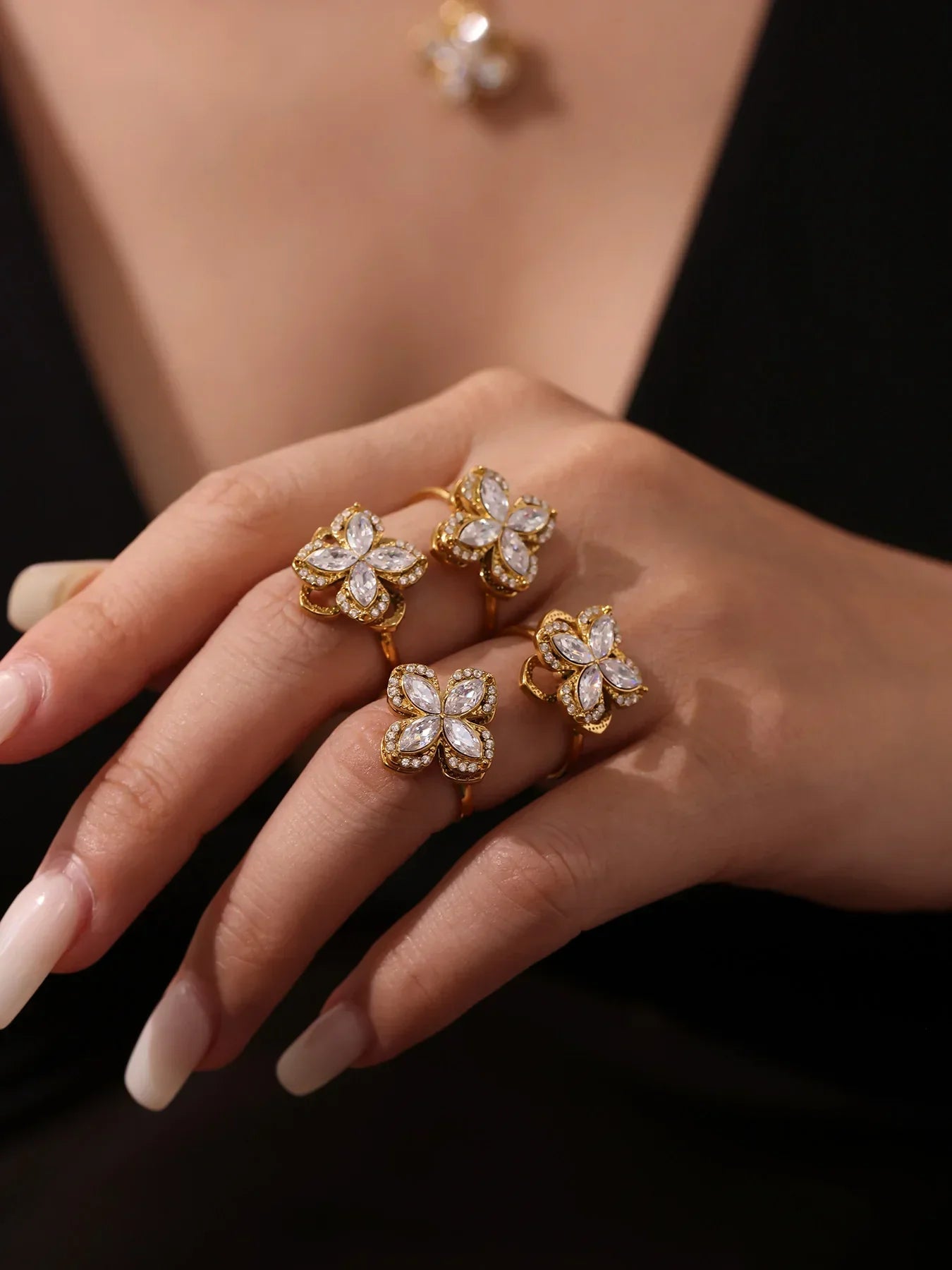 Gorgeous Zircon Necklace Earrings Ring Revolving Flower Pendant Gold Plated Chain Stainless Steel Charm Jewelry Gift