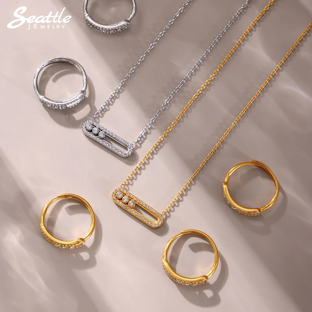Stainless Steel 18K Chain Gold Color Luxury Necklace Shiny Zirconia Hollow Pendant Necklace Ring Jewelry Set Gift