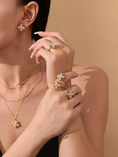 Gorgeous Zircon Necklace Earrings Ring Revolving Flower Pendant Gold Plated Chain Stainless Steel Charm Jewelry Gift