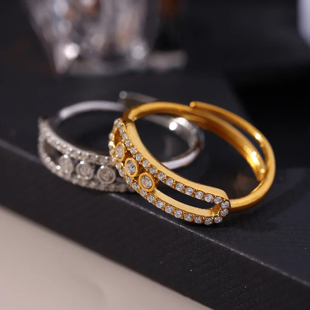 Stainless Steel 18K Chain Gold Color Luxury Necklace Shiny Zirconia Hollow Pendant Necklace Ring Jewelry Set Gift