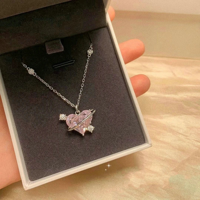 Fashion Pink Planet Heart Zircon Necklace Charm Aesthetic Clavicle Chain Necklace Valentines Day Gift Party Jewelry – Halskette