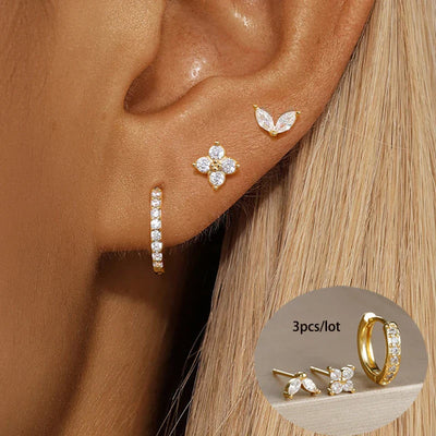 3PCS Stainless Steel Gold Color Circle Hoop Earrings Set Simple Zircon Flower Stud Earring Cartilage Piercing Jewelry