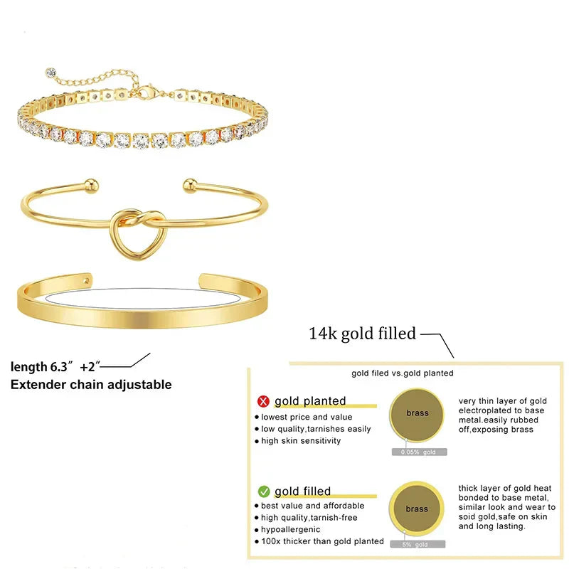 3pcs Stainless Steel Gold Plated Bracelets Adjustable Jewelry Gifts Luxury Zircon Chain Bangles Jewelry Accessories – Halskette