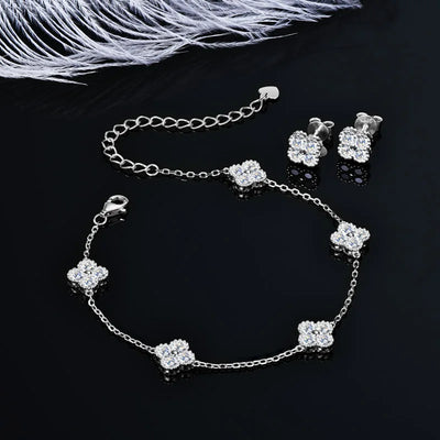 IOGOU 3 In 1 Clover Flower Jewelry Sets Silver 3mm D Moissanite Pendant Necklace Bracelet Stud Earrings Sets Charm