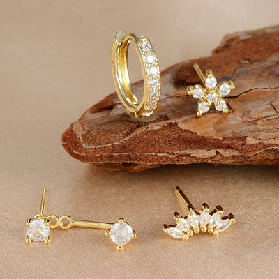 4PCS Stainless Steel Circle Huggie Hoop Earrings Set Gold Color Unique Zircon Flower Stud Earring Piercing Jewelry