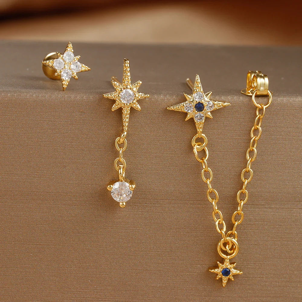 3PCS Gold Color Star Earrings Set Zircon Pendant Stainless Steel Hoop Earring Trend Wedding Jewelry pendientes mujer