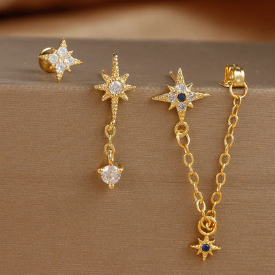 3PCS Gold Color Star Earrings Set Zircon Pendant Stainless Steel Hoop Earring Trend Wedding Jewelry pendientes mujer