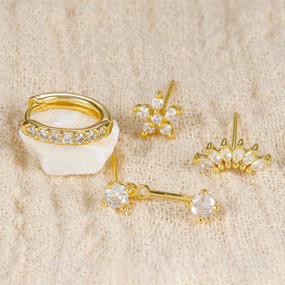 4PCS Stainless Steel Circle Huggie Hoop Earrings Set Gold Color Unique Zircon Flower Stud Earring Piercing Jewelry