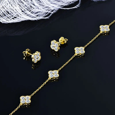 IOGOU 3 In 1 Clover Flower Jewelry Sets Silver 3mm D Moissanite Pendant Necklace Bracelet Stud Earrings Sets Charm
