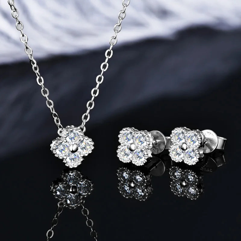 IOGOU 3 In 1 Clover Flower Jewelry Sets Silver 3mm D Moissanite Pendant Necklace Bracelet Stud Earrings Sets Charm