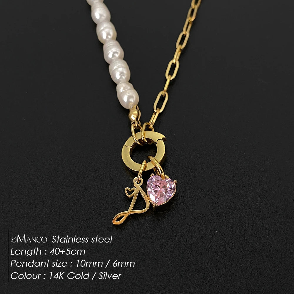 eManco Natural Freshwater Pearl Heart Stainless Steel Cubic Zirconia Pendant Necklace Aesthetic Luxury Chain Jewelry Gift – Halskette