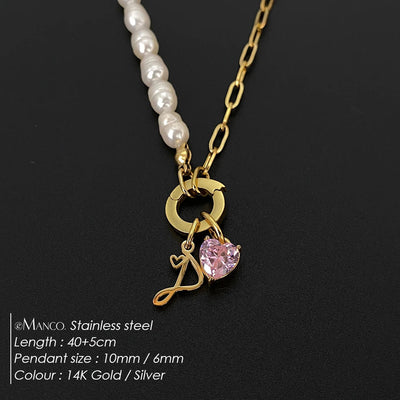 eManco Natural Freshwater Pearl Heart Stainless Steel Cubic Zirconia Pendant Necklace Aesthetic Luxury Chain Jewelry Gift – Halskette