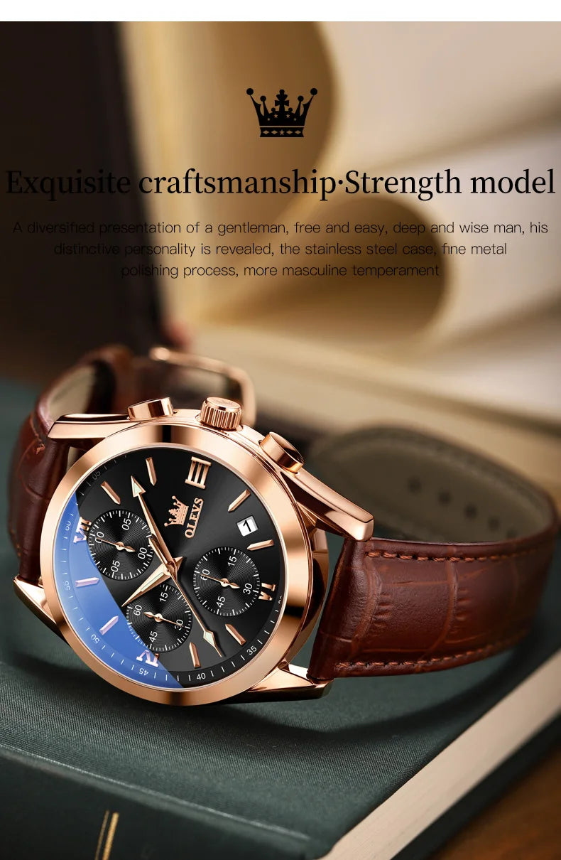OLEVS Sport Quarz Chronograph Uhr für Herren, Wasserdicht mit Luminous Zeigern, Auto Date, Lederarmband