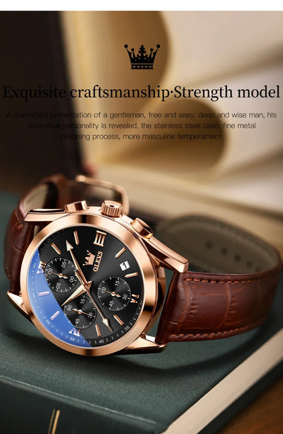 OLEVS Sport Quarz Chronograph Uhr für Herren, Wasserdicht mit Luminous Zeigern, Auto Date, Lederarmband