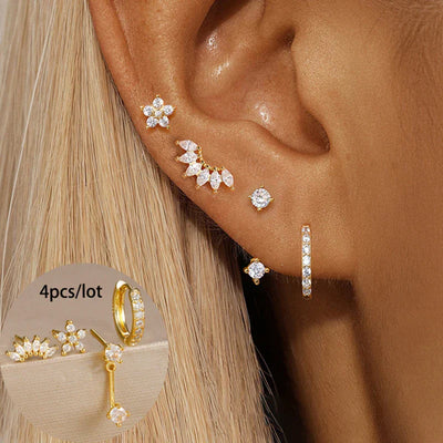 4PCS Stainless Steel Circle Huggie Hoop Earrings Set Gold Color Unique Zircon Flower Stud Earring Piercing Jewelry