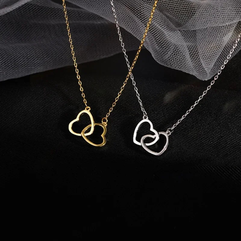 Simple Double Heart Pendant Necklace Couple Stainless Steel Choker Gold Color Chain Wedding Party Friends Jewelry Gift – Halskette