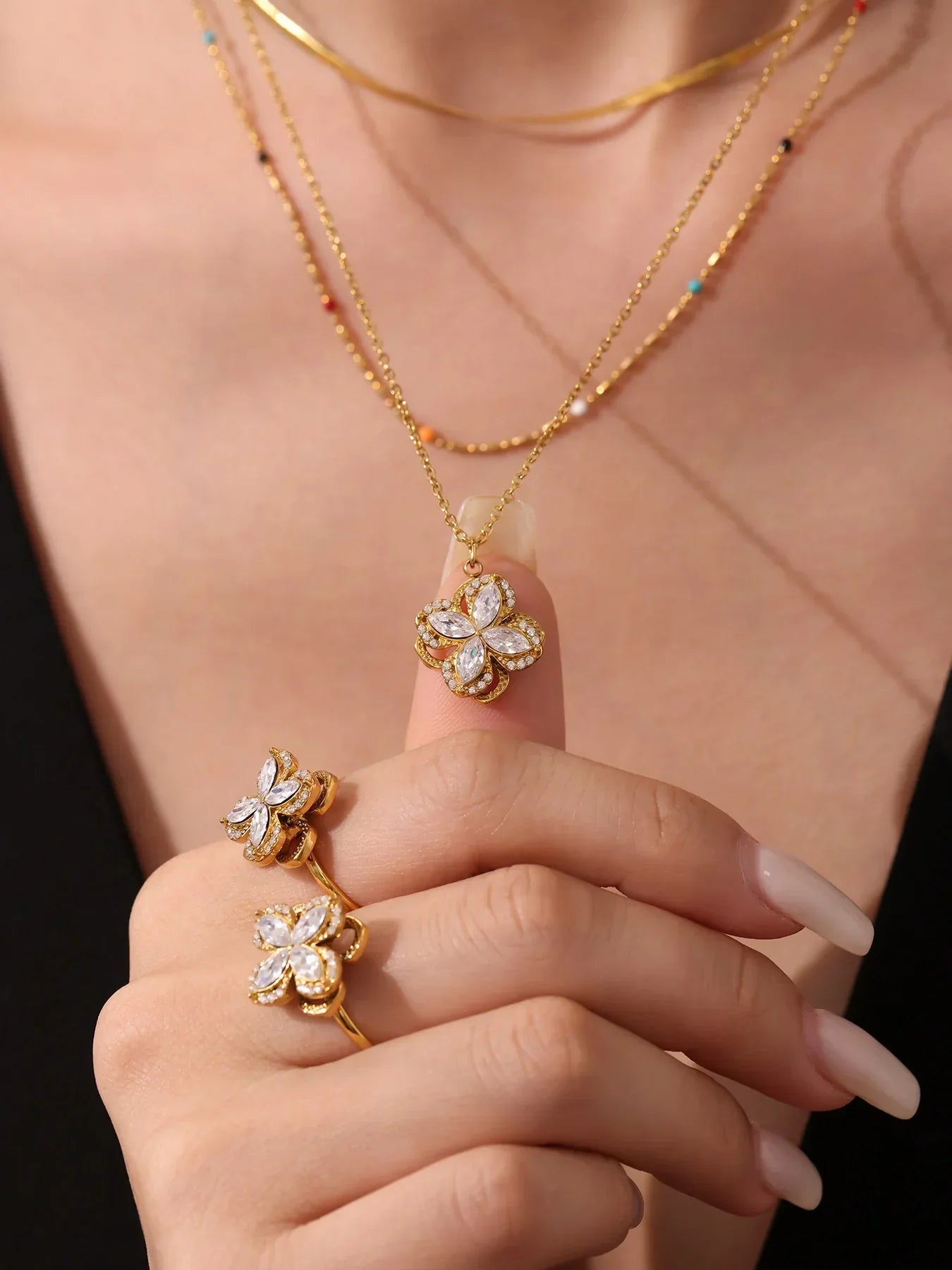 Gorgeous Zircon Necklace Earrings Ring Revolving Flower Pendant Gold Plated Chain Stainless Steel Charm Jewelry Gift